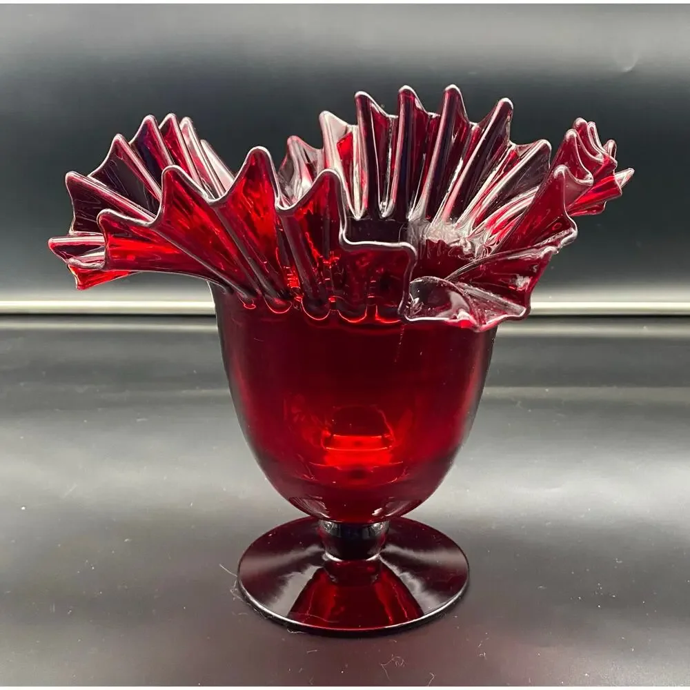 Vintage Blenko Ruby Red Crimped Edge Pedestal Vase 9